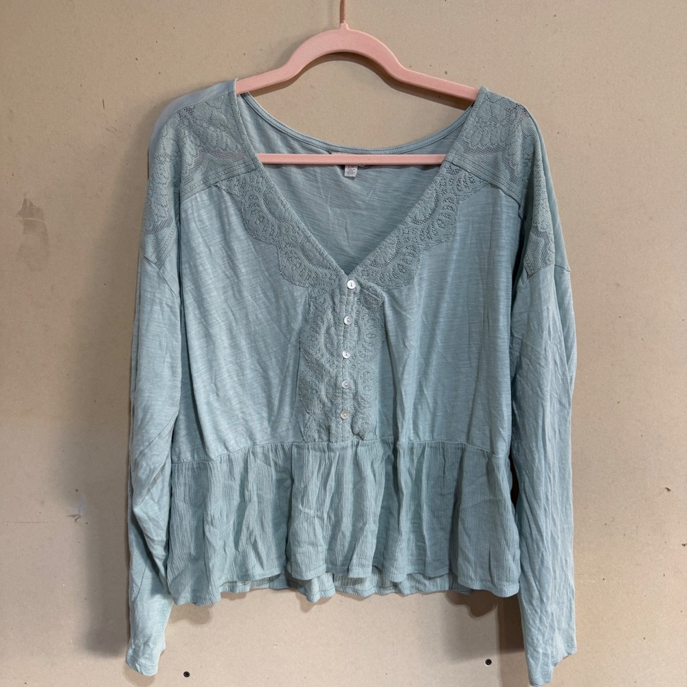 Lucky Brand Sage Green Lace Trim Peplum Top Long Sleeve V-Neck Boho Blouse Large
